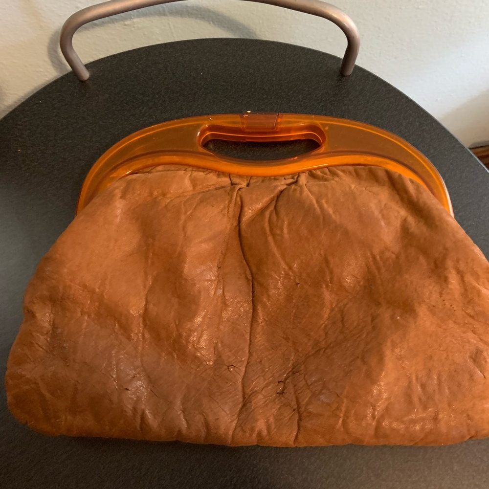 Vintage Tan Leather Clutch with Orange Plastic Handle